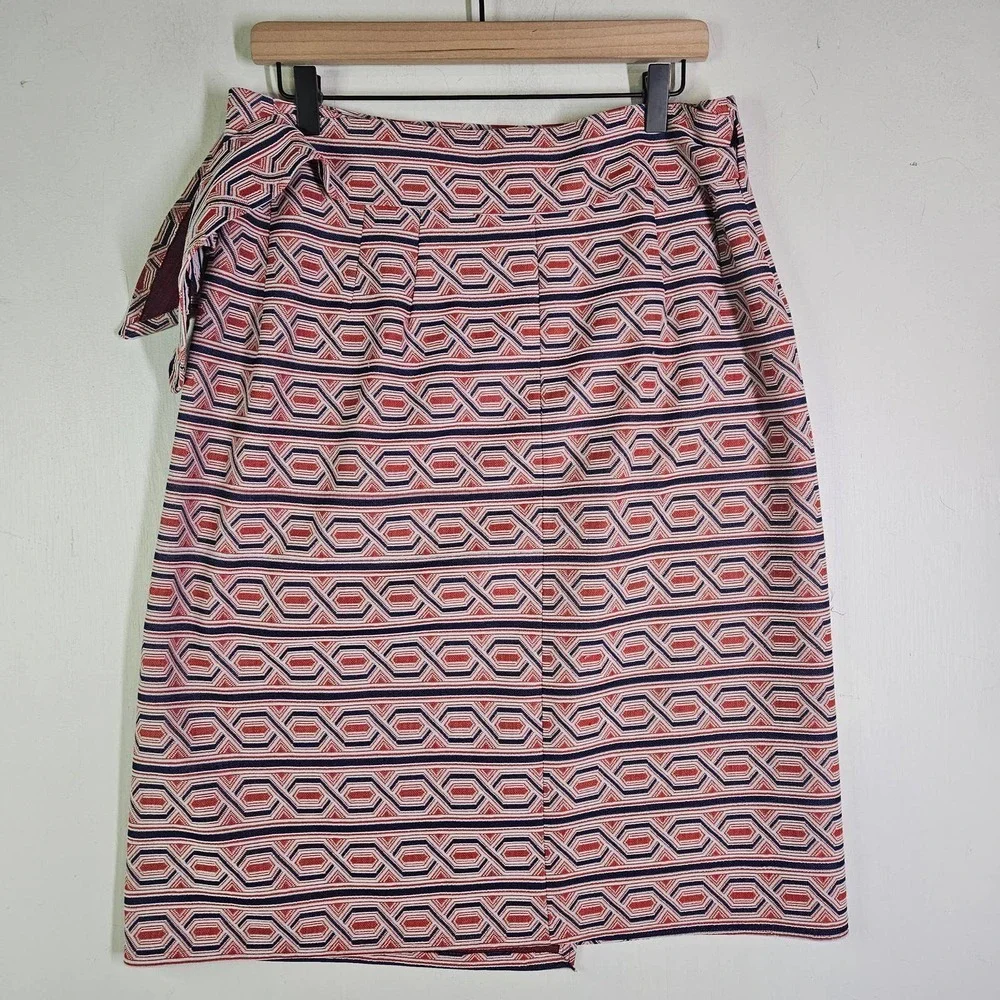 Vintage 70s Wrap Skirt Textured‎ Geometric L? Navy Red Ivory Knee Length Pencil